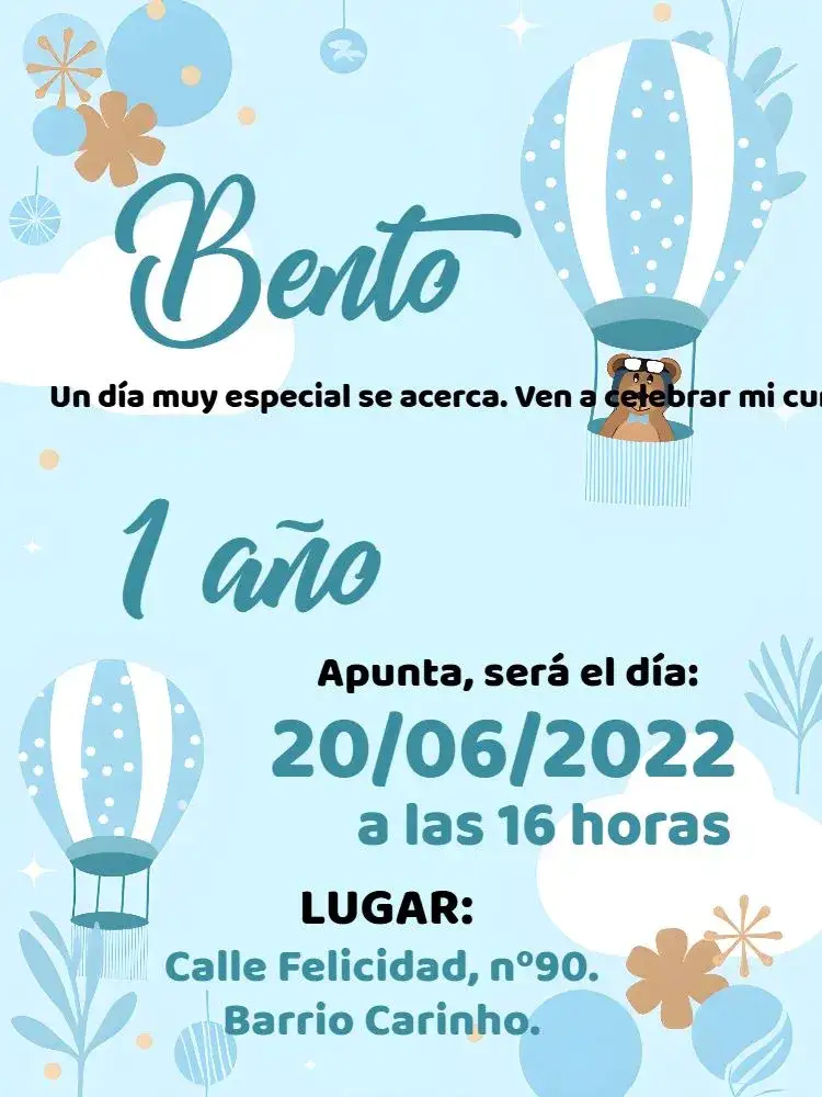 Invitación Oso Globos Tiempo – tema Baby Shower azul, blanco, lúdico, infantil, tierno, celebración