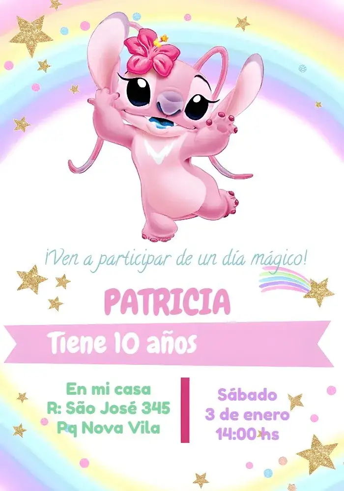Invitación Stitch Rosa - Angel Niña – tema Más buscados rosa, angelical, lúdico, colorido, infantil, divertido