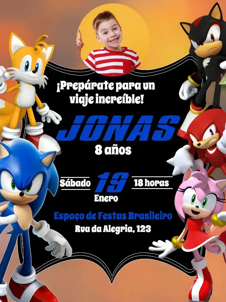 Invitación Sonic Con Foto Azul – tema Cumpleaños Infantil azul, moderno, divertido, juegos, infantil