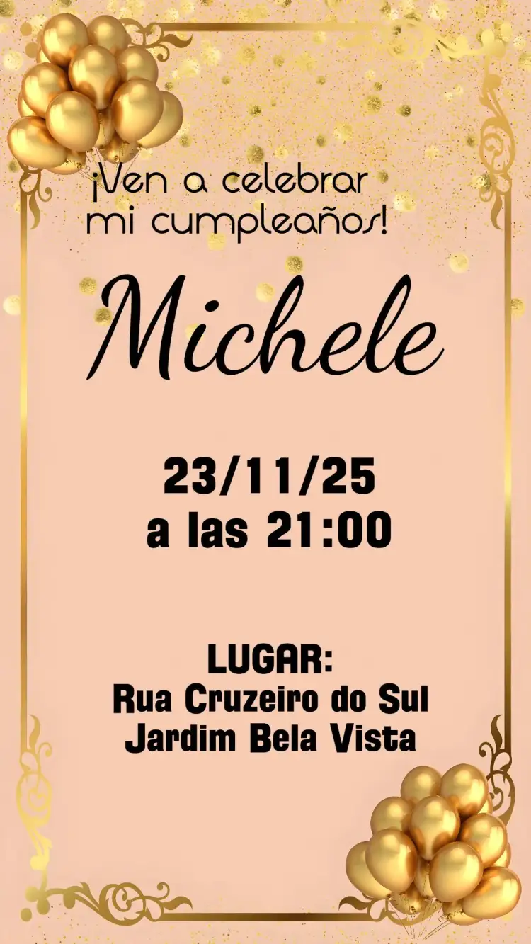 Invitación Cumpleaños Adulto – tema Cumpleaños dorado, moderno, elegante, globos, minimalista