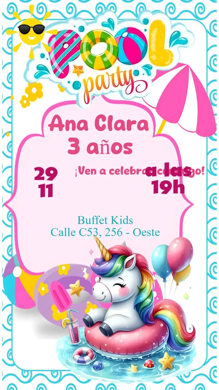 Invitación Unicornio – tema Cumpleaños Infantil colores pasteles, ilustraciones encantadoras, estilo lúdico, elementos mágicos, fondo colorido, detalles brillantes