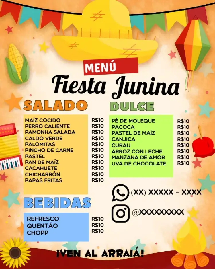 Invitación Arte Menú Fiesta Junina Julina – tema Fechas Conmemorativas colorido, típico, vintage, festivo, rústico, alegre