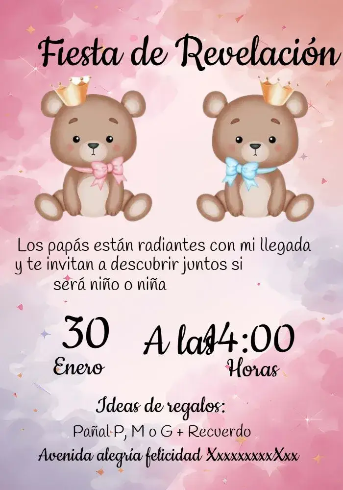 Invitación Chá de Revelación Ositos Realeza Lazos