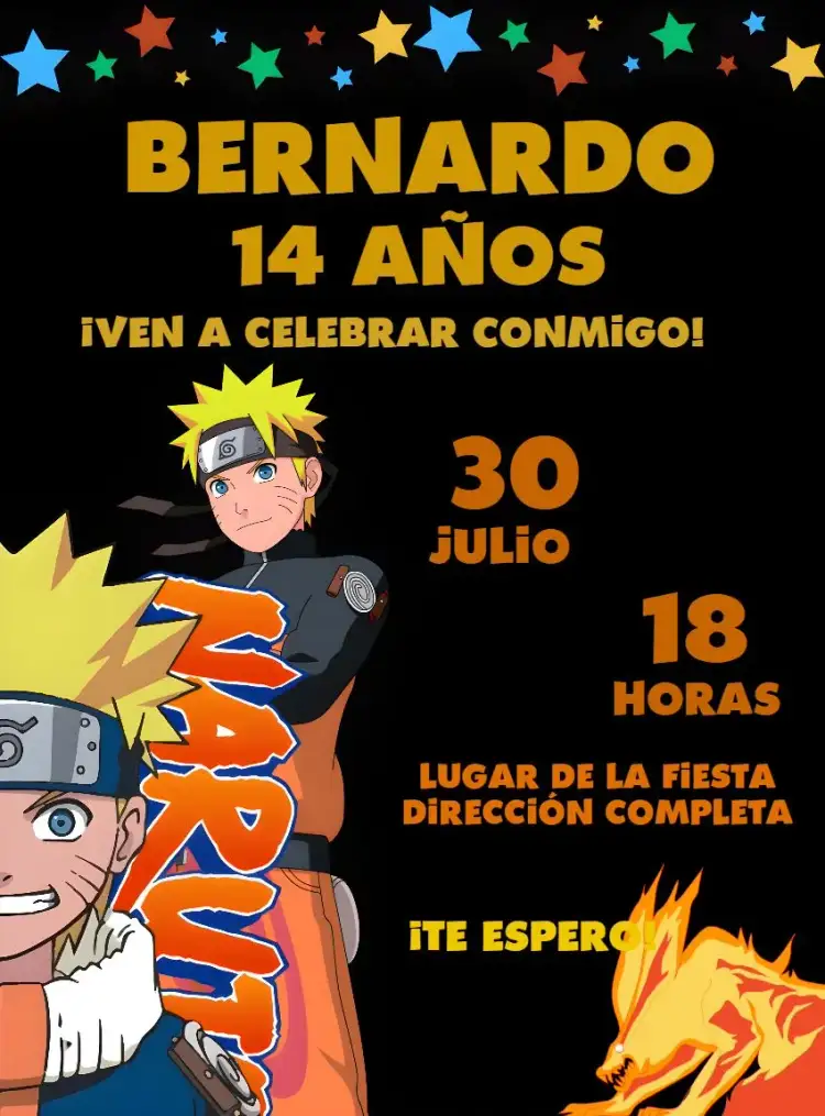 Invitación Naruto Estrellas – tema Cumpleaños Infantil ninja, colorido, moderno, divertido, animado, folha
