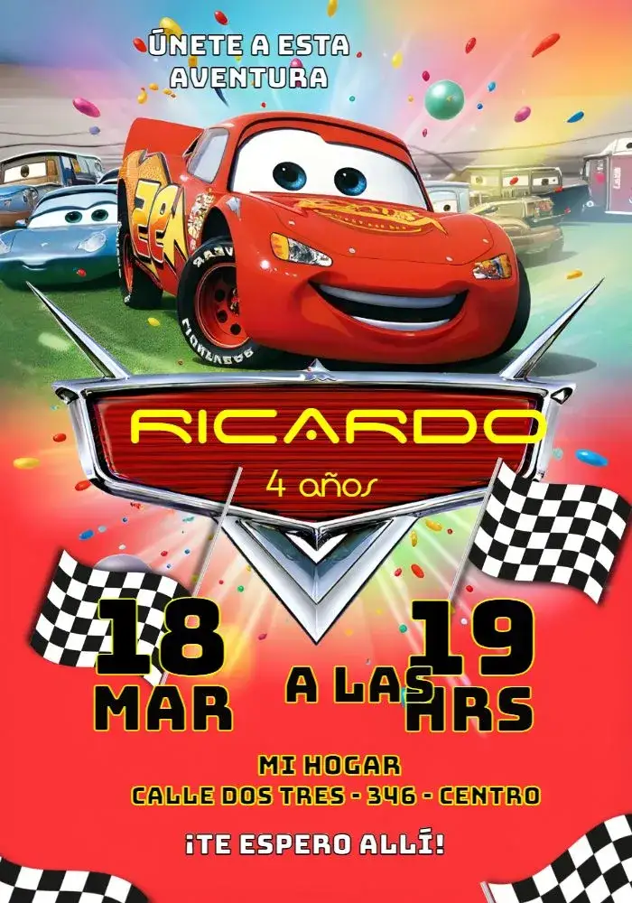 Invitación Rayo McQueen Carrera – tema Más buscados rojo vibrante, coches de carreras, estilo infantil, gráficos divertidos, tema de aventura, elementos de Disney