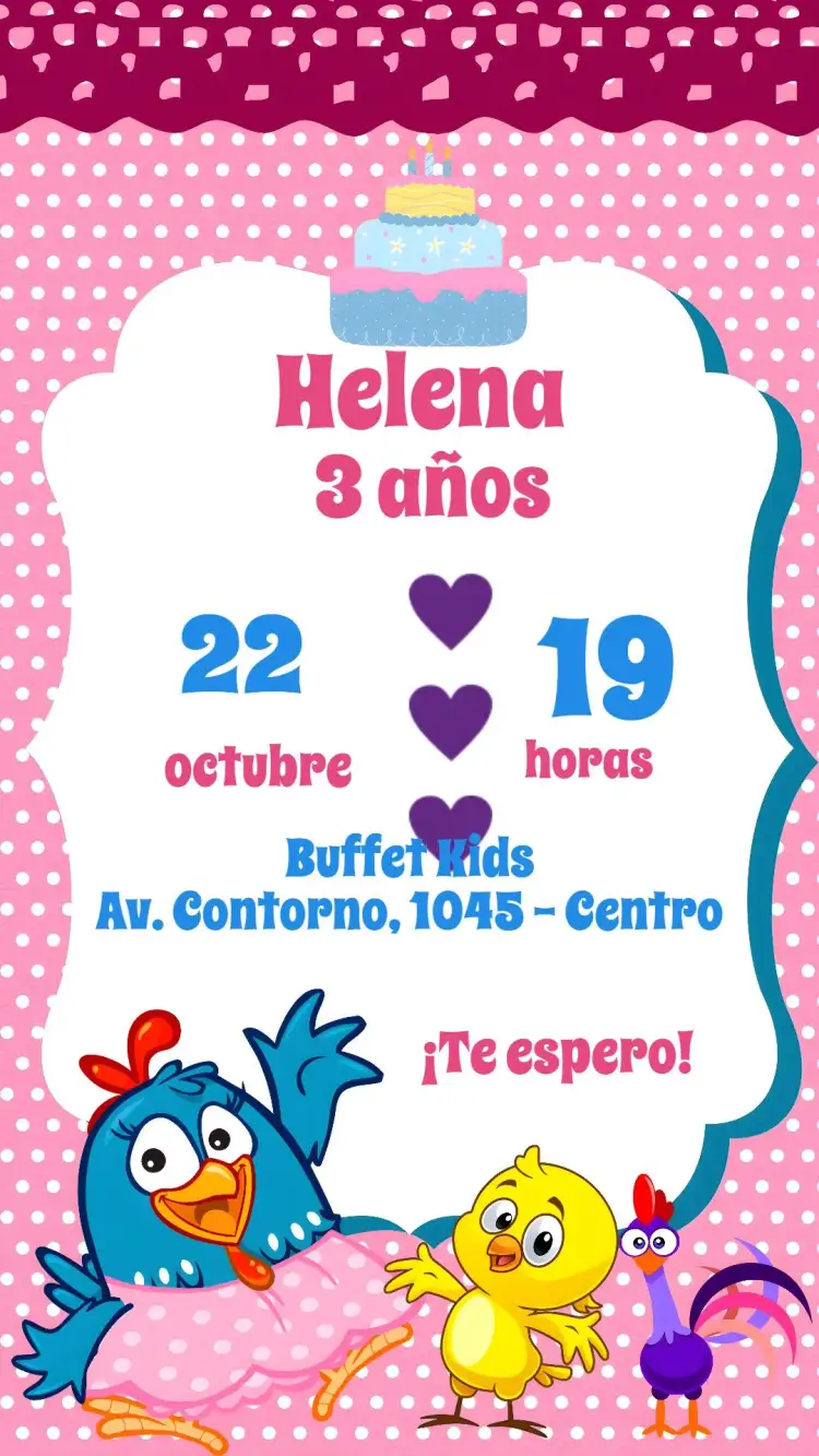 Invitación Gallina Pintadita – tema Cumpleaños Infantil colorido, divertido, lúdico, infantil, temático