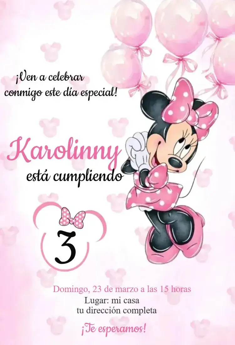 Invitación Minnie rosa 6 – tema Cumpleaños rosa, acuarela, divertido, infantil, colorido, tema de Minnie Mouse