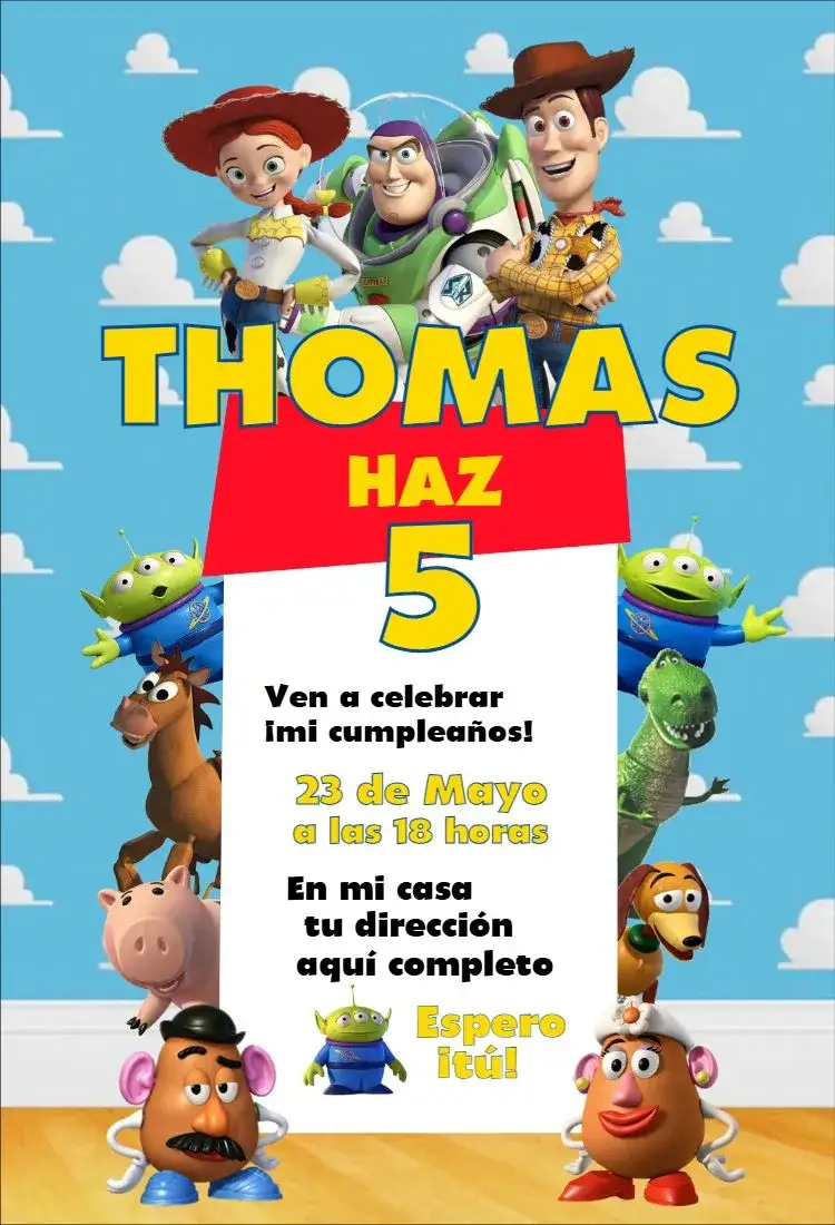 Invitación Toy Story 5 – tema Cumpleaños colorido, divertido, aventura, temático, infantil, gráficos de personajes