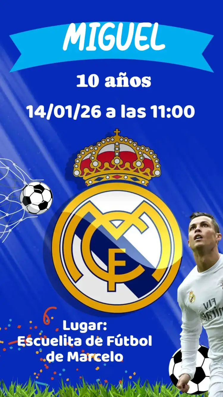 Invitación Real Madrid – tema Cumpleaños moderno, fútbol, vibrante, deportivo, dinámico
