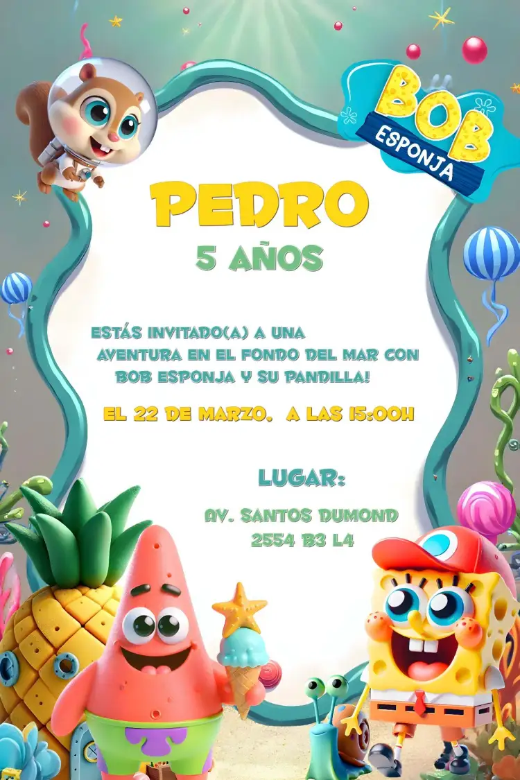 Invitación Bob Esponja Fondo – tema Cumpleaños Infantil fondo marino, colorido, divertido, infantil, tropical