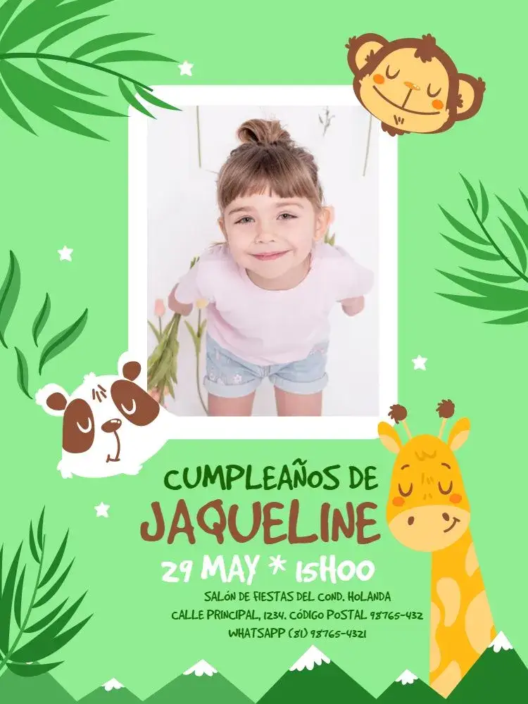 Invitación Zoo Con Foto Estrella – tema Cumpleaños Infantil lúdico, colorido, salvaje, divertido, tropical