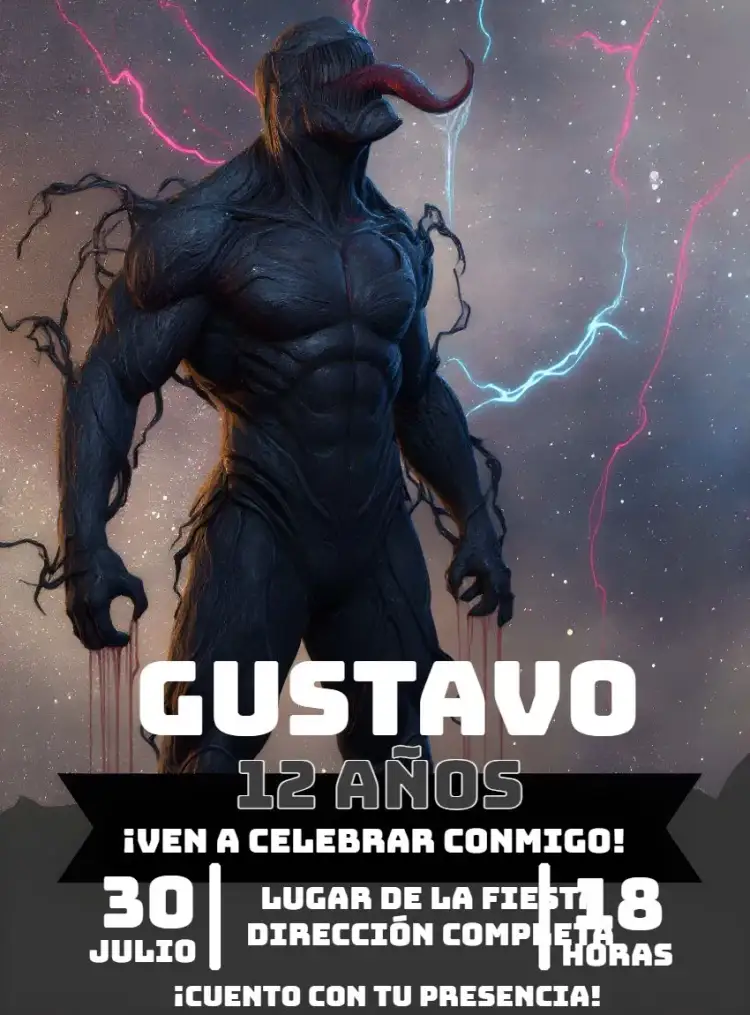 Invitación Venom Oscuro – tema Cumpleaños oscuro, moderno, gris, blanco, superhéroe, aventurero