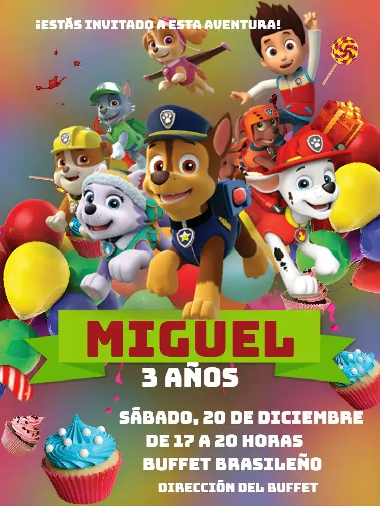 Invitación Patrulla Canina Cachorros – tema Cumpleaños Infantil verde, blanco, temática canina, divertido, colorido, animado