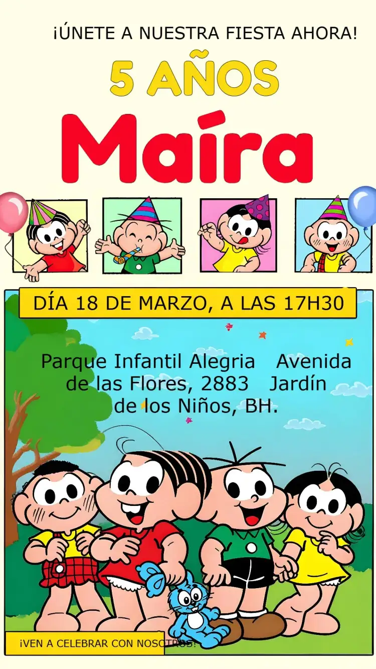 Invitación Turma Da Mónica Cómics – tema Cumpleaños Infantil colorido, divertido, cómics, infantil, lúdico