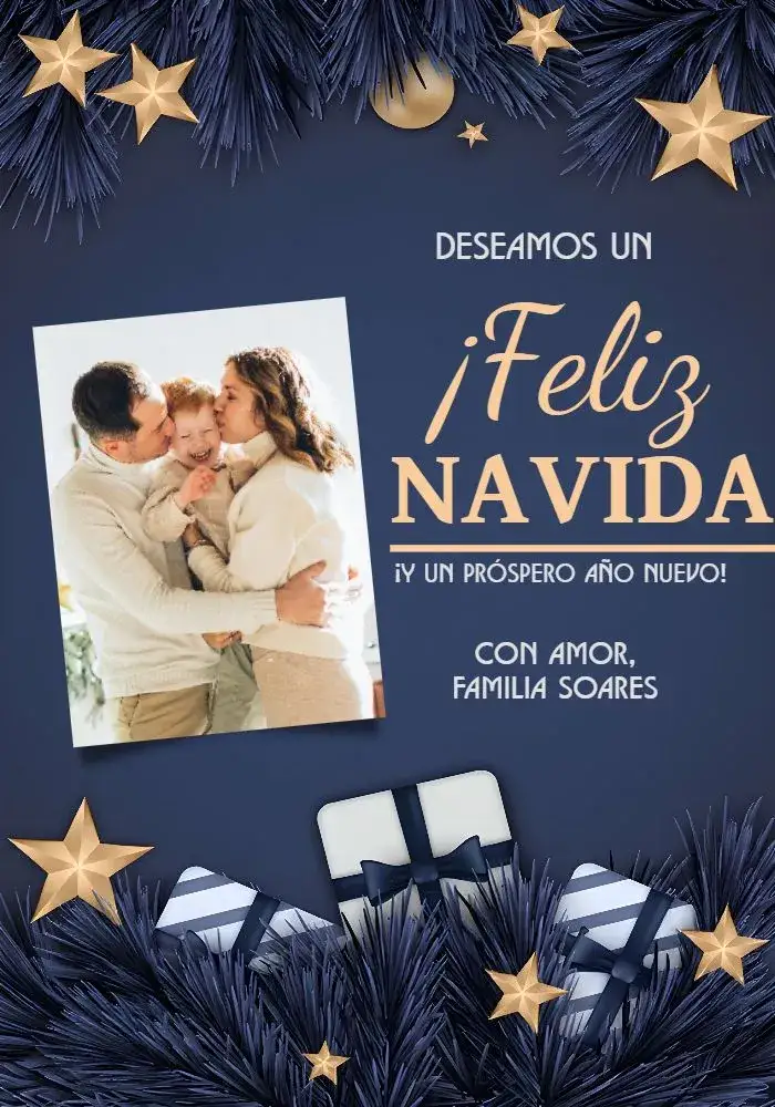 Invitación Tarjeta De Navidad Con Foto Azul – tema Fechas Conmemorativas azul, dorado, nieve, festivo, moderno, familiar