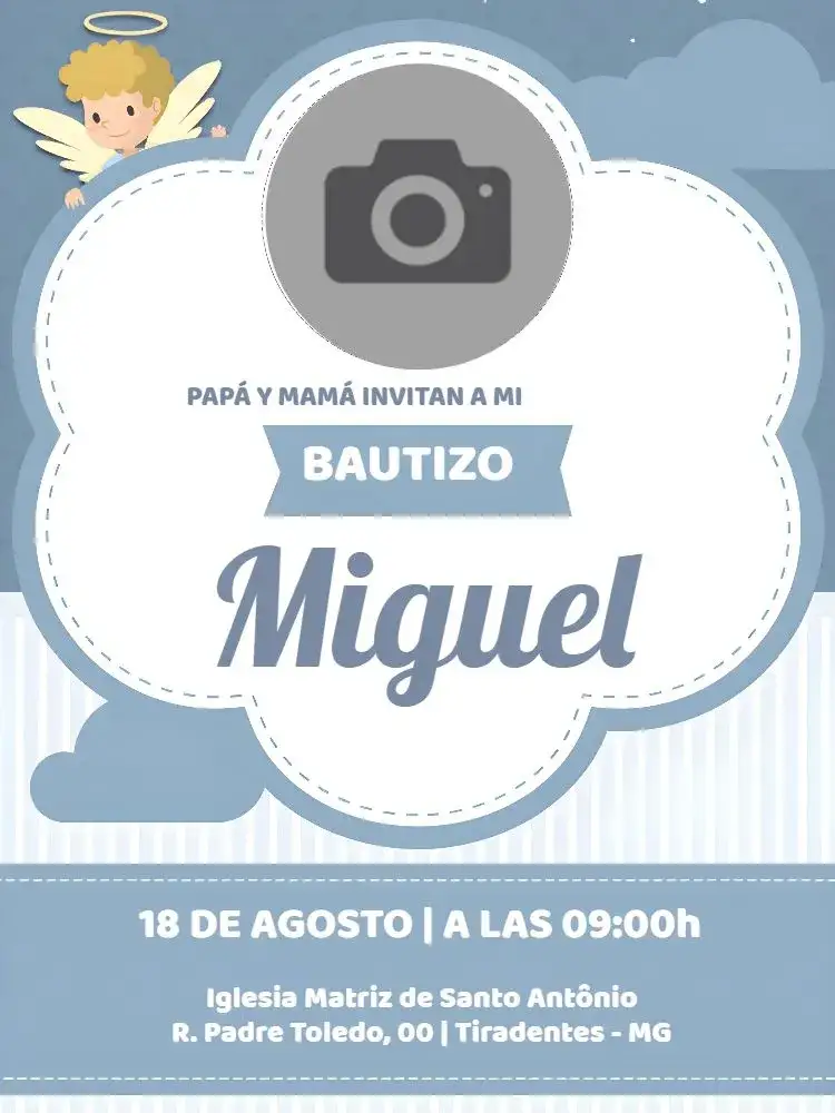 Invitación Bautizo Con Foto Bautismo – tema Bautismo celestial, minimalista, azul claro, infantil, delicado