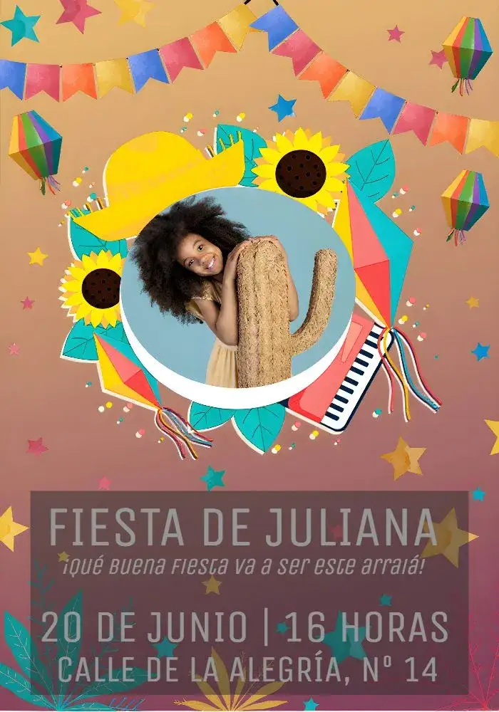Invitación Arraiá Fiesta Junina con Foto Personalizado – tema Fechas Conmemorativas colorido, tradicional, festivo, vintage, rústico, divertido