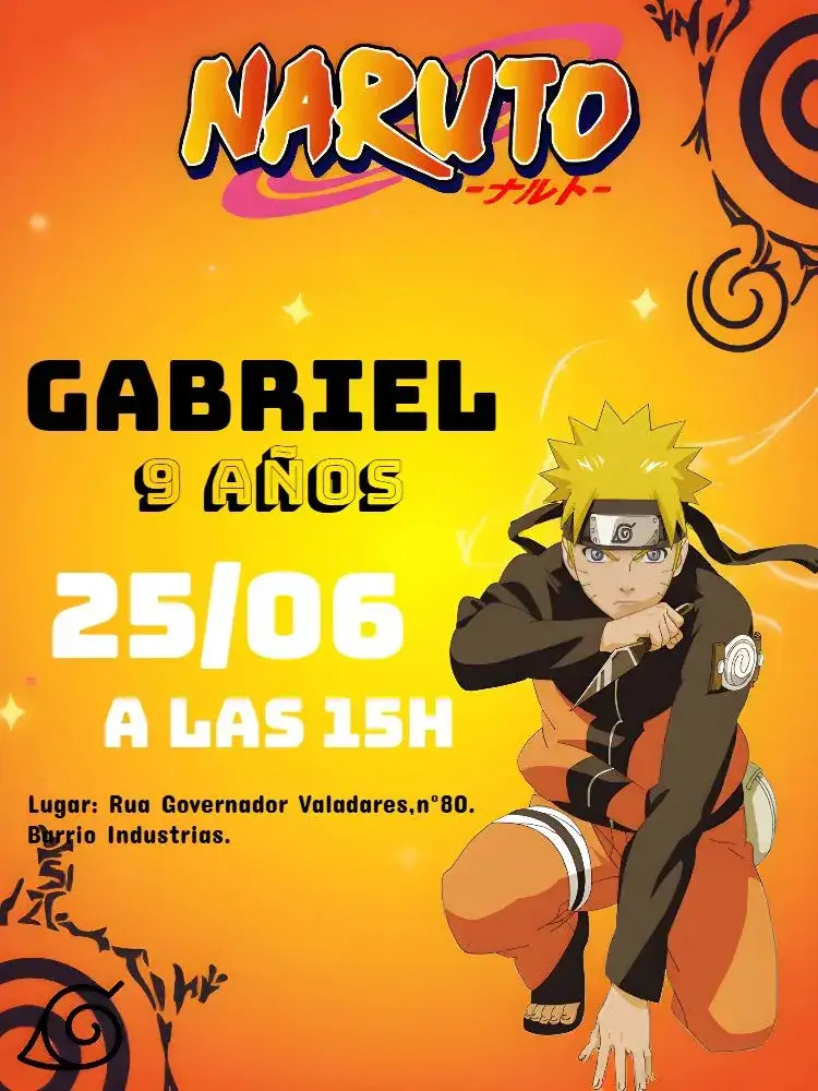 Invitación Naruto Gris – tema Cumpleaños Infantil gris, negro, naranja, blanco, anime, temática