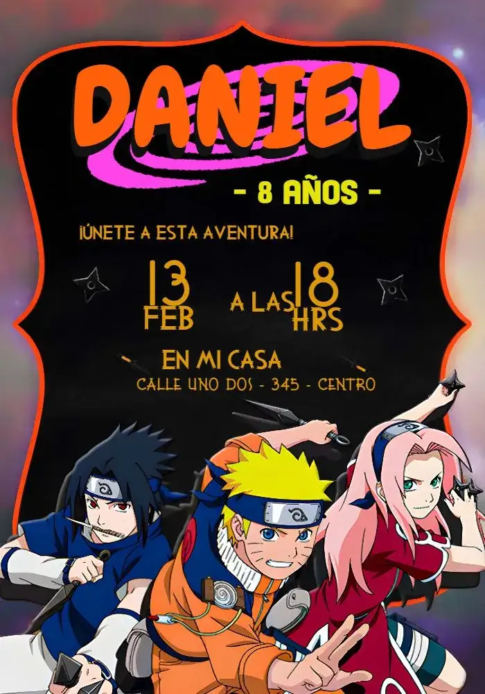 Invitación Naruto Sasuke – tema Cumpleaños Infantil moderno, anime, vibrante, joven, temático, divertido