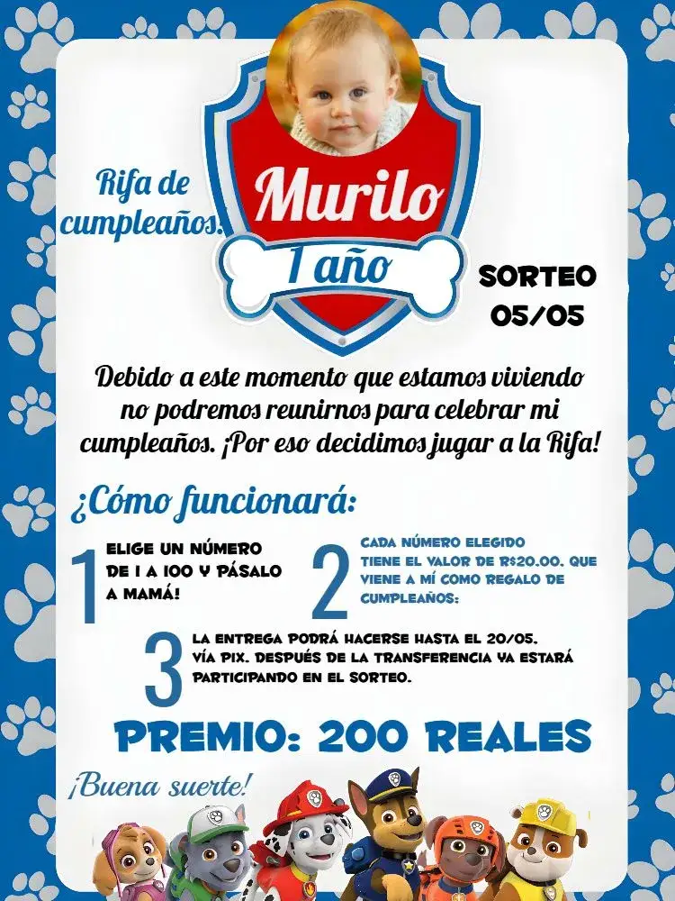 Invitación Rifa Patrulla Canina Té – tema Cumpleaños Infantil colorido, divertido, infantil, temático, moderno