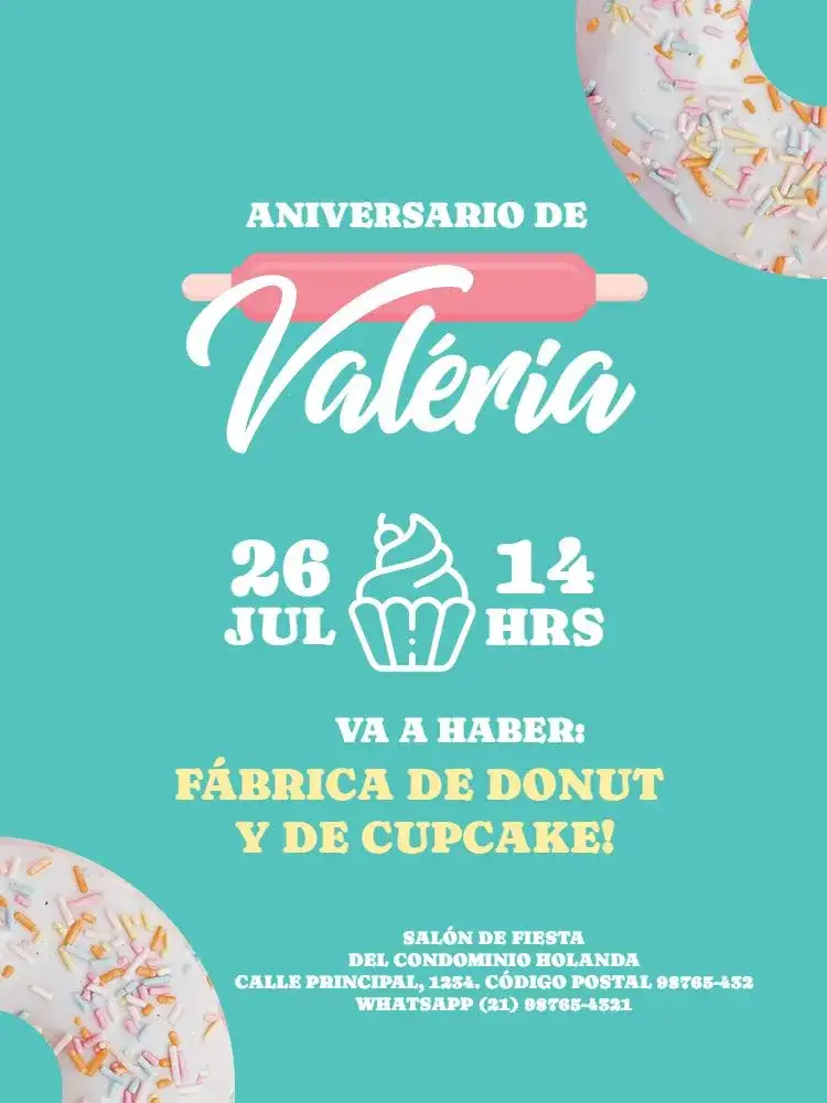 Invitación Pastelería Donut Comida – tema Cumpleaños Infantil colorido, dulce, divertido, lúdico, moderno