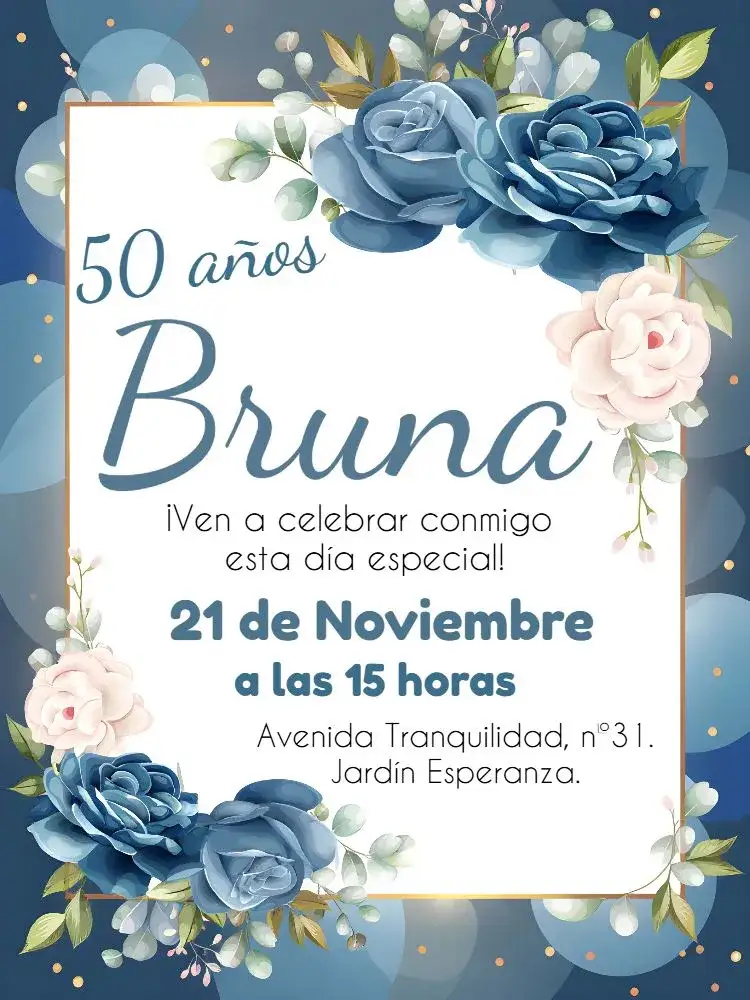 Invitación Floral Adulto – tema Cumpleaños floral, elegante, azul, dorado, moderno, delicado