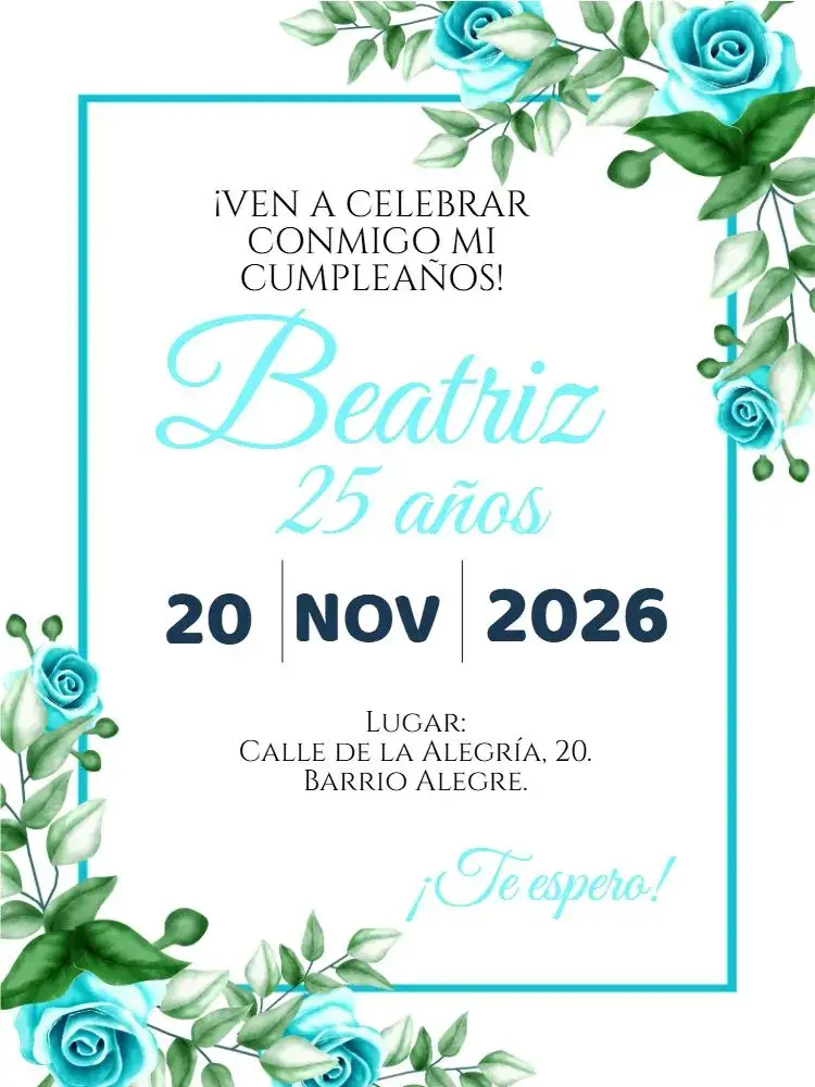 Invitación Cumpleaños floral azul claro – tema Cumpleaños floral, delicado, azul claro, moderno, feminino