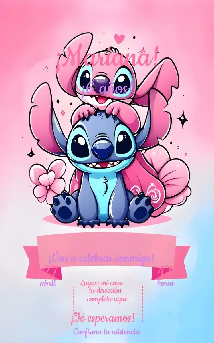 Invitación Colores de Stitch – tema Más buscados colores pastel, rosas, divertido, infantil, colorido, moderno