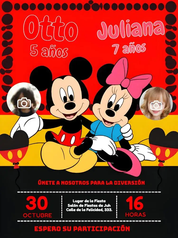 Invitación Doble Mickey y Minnie Mouse con Foto Niño – tema Más buscados Disney, colorido, infantil, divertido, moderno