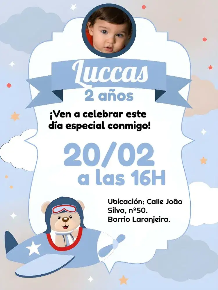 Invitación Oso Aviador Con Foto Niño – tema Baby Shower aeronáutico, infantil, lúdico, moderno, colorido, brincalhão