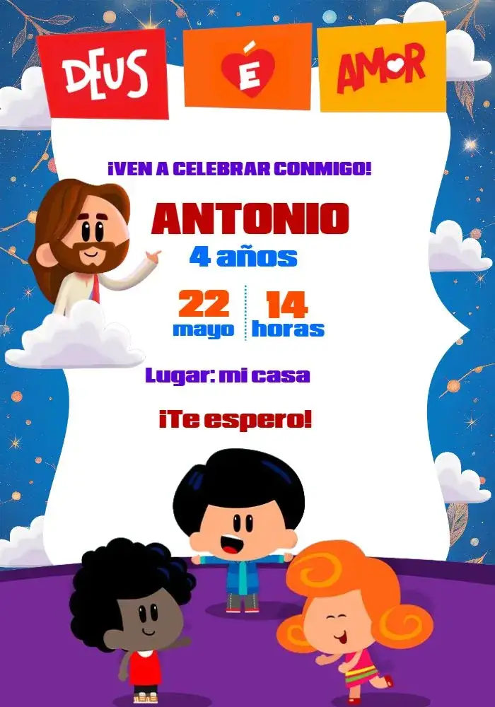 Invitación 3 Palabritas Mini Jesús – tema Más buscados colorido, infantil, religioso, divertido, temático
