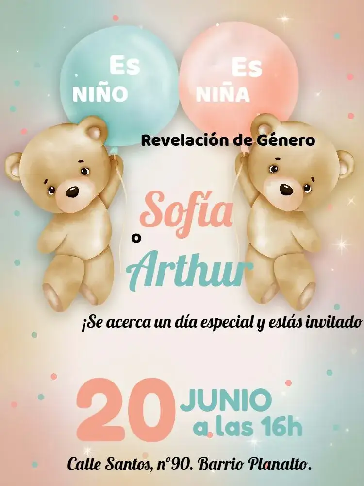 Invitación Baby Shower Ositos Niño – tema Revelación Bebé lindo, colorido, infantil, jocoso, moderno, celebração