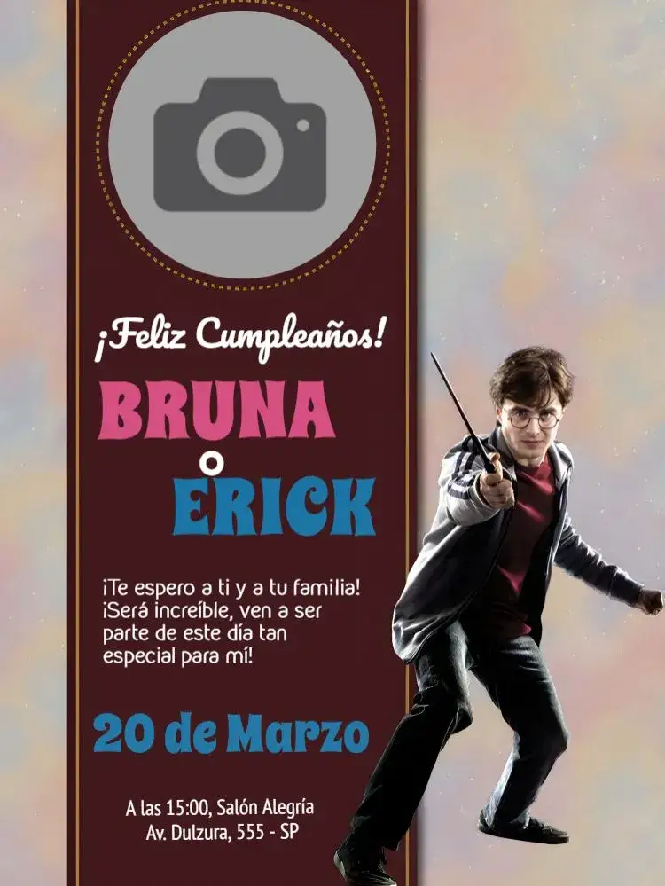 Invitación Harry Potter Con Foto Azul – tema Cumpleaños Infantil tema mágico, estilo Hogwarts, paleta de colores azul y rojo, diseño encantador, elementos gráficos de brujería