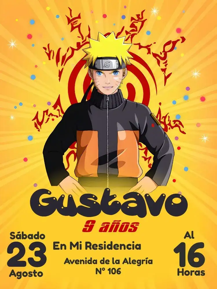 Invitación Fondo de Naruto – tema Cumpleaños Infantil temática anime, colores vibrantes, estilo a rayas, elementos gráficos de aventura, diseño moderno, estilo divertido