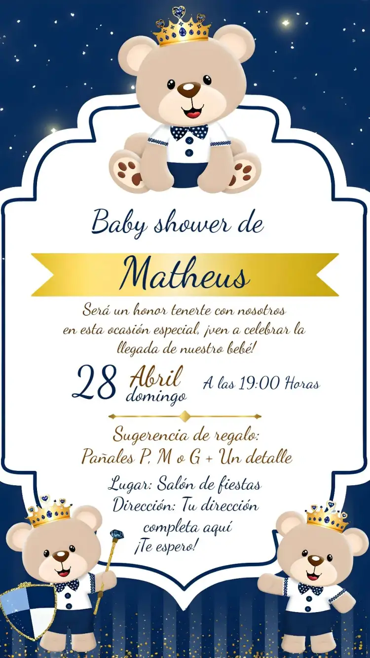 Invitación Para Baby Shower Oso Príncipe Azul – tema Baby Shower azul, blanco, dorado, realeza, oso de peluche, infantil