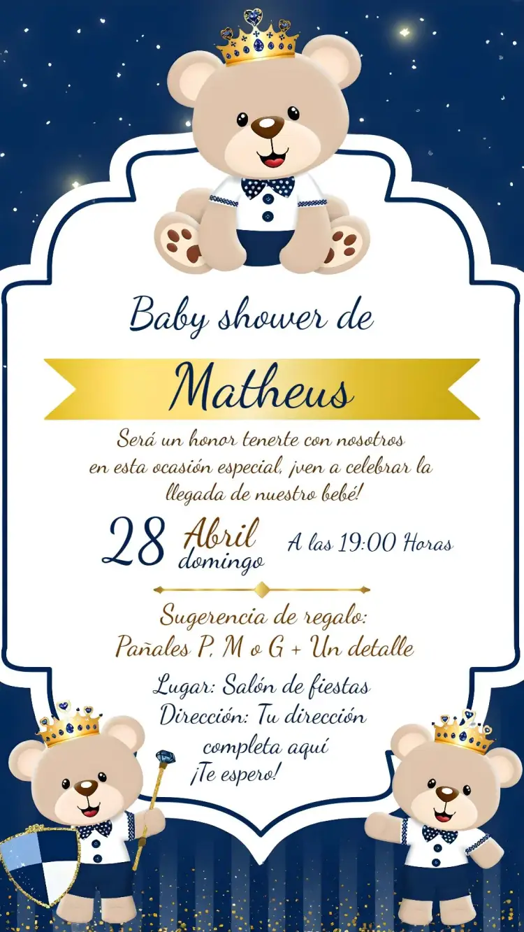 Invitación Para Baby Shower Oso Príncipe Azul