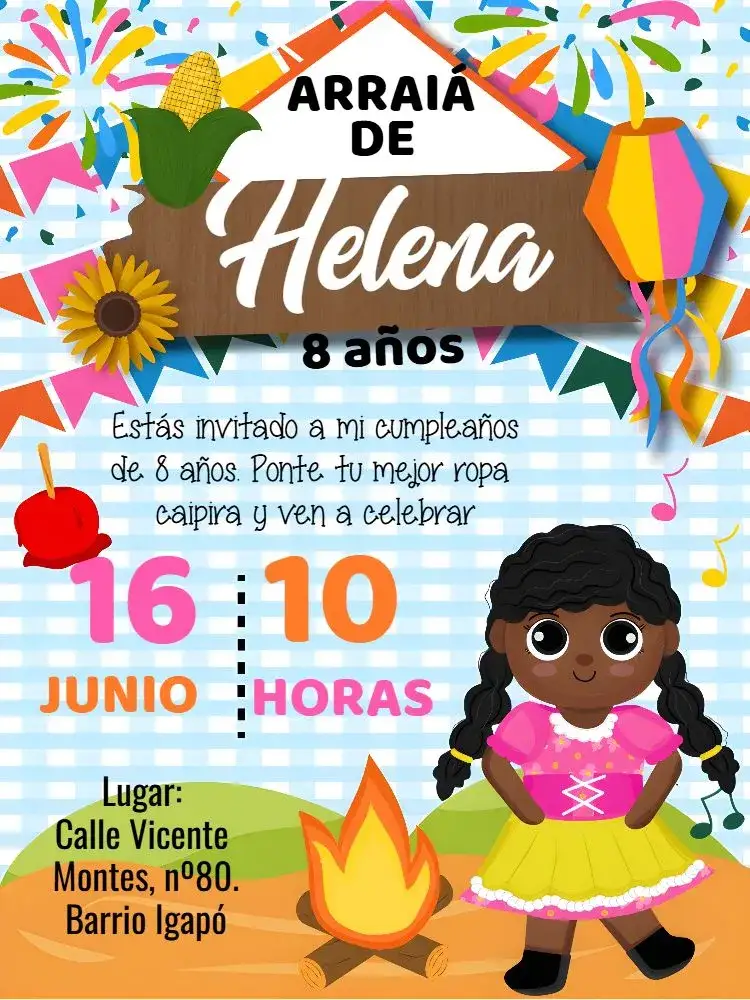 Invitación Fiesta Junina Arraiá João – tema Fechas Conmemorativas colorido, vintage, rústico, festivo, temático