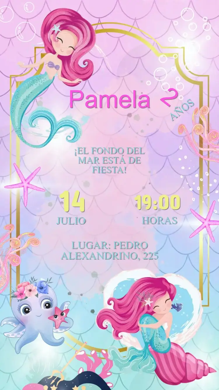 Invitación Invitación Cumpleaños Sirena Fondo del Mar – tema Cumpleaños Infantil colores vibrantes, elementos marinos, diseño lúdico, estilo divertido, ilustraciones de sirenas