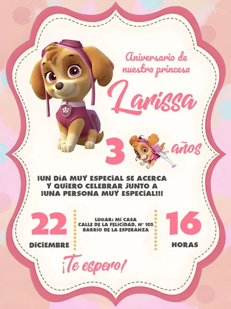 Invitación Patrulla Canina Frame – tema Cumpleaños Infantil rosa, blanco, gris, a rayas, divertido, infantil
