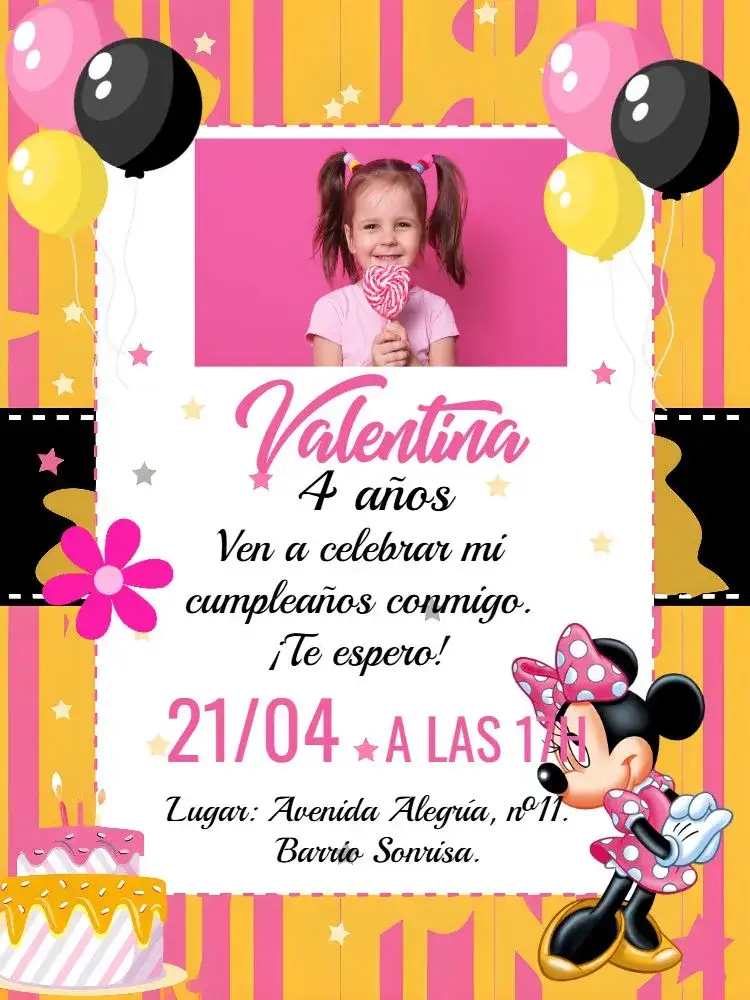 Invitación Minnie Mouse Con Foto Minie – tema Más buscados rosa, amarillo, negro, rayas, divertido, lúdico