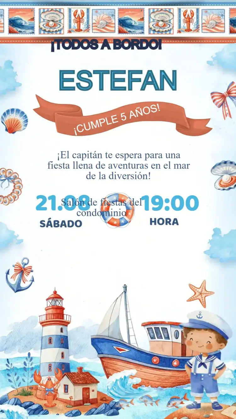 Invitación Invitación Cumpleaños Marinero – tema Cumpleaños Infantil marino, azul y blanco, divertido, colorido, aventura, infantil