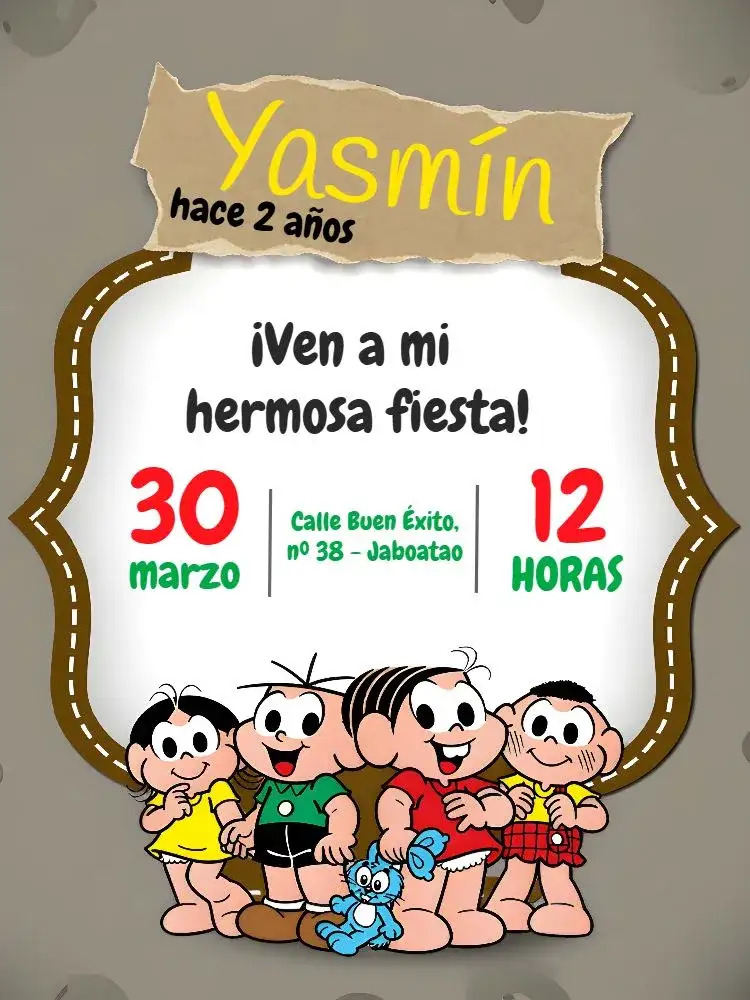 Invitación Turma Da Mónica – tema Cumpleaños Infantil colorido, divertido, infantil, temático, ilustraciones, juguetón