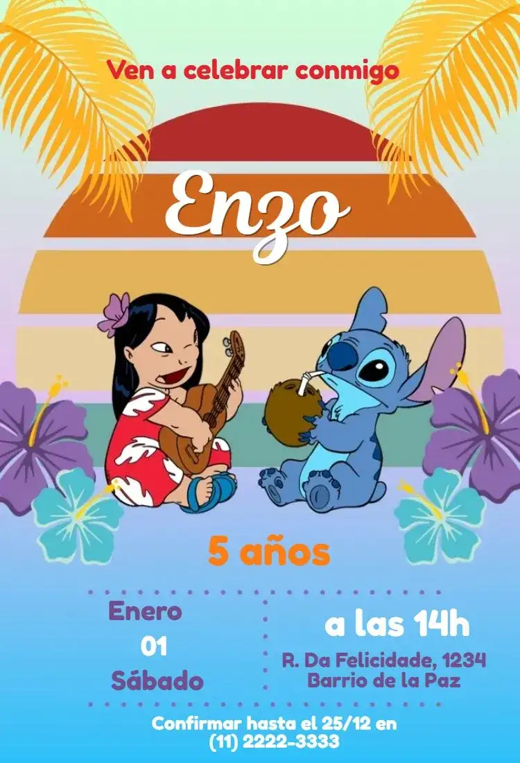 Invitación Lilo y Stitch Atardecer – tema Más buscados colorido, tropical, divertido, veraniego, ilustración, Disney