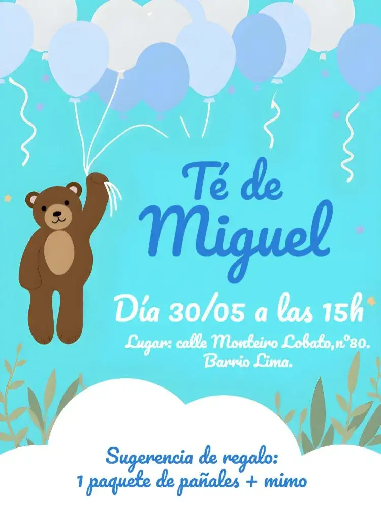 Invitación Baby Shower Oso Globos Aerostáticos – tema Baby Shower azul y blanco, osos de peluche, globos, divertido, infantil, lúdico