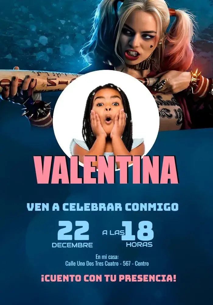 Invitación Arlequina Con Foto Cómics – tema Cumpleaños Infantil historietas, moderno, colorido, divertido, temático, juvenil