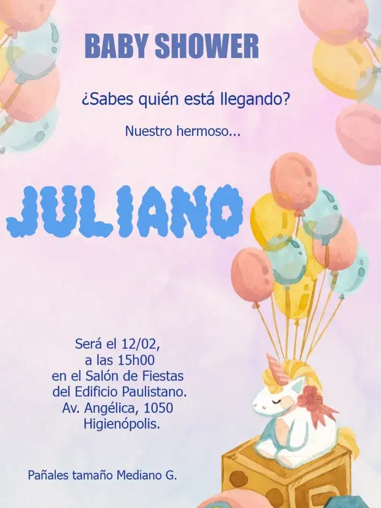 Invitación Pañales Unicornio Digital Personalizado – tema Baby Shower colores pastel, lúdico, colorido, mágico, infantil, divertido