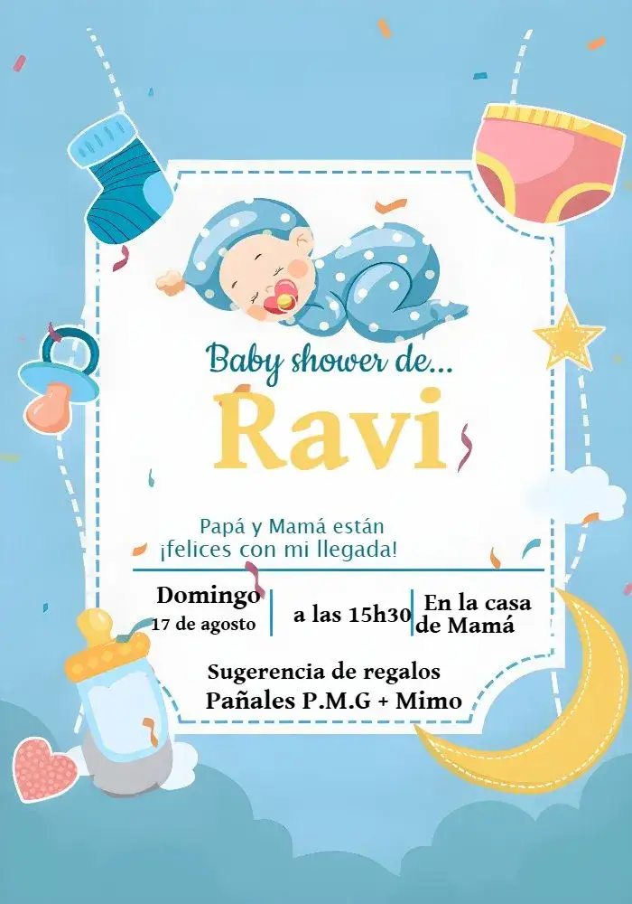 Invitación Baby Shower Niño – tema Baby Shower azul, lúdico, moderno, infantil, divertido