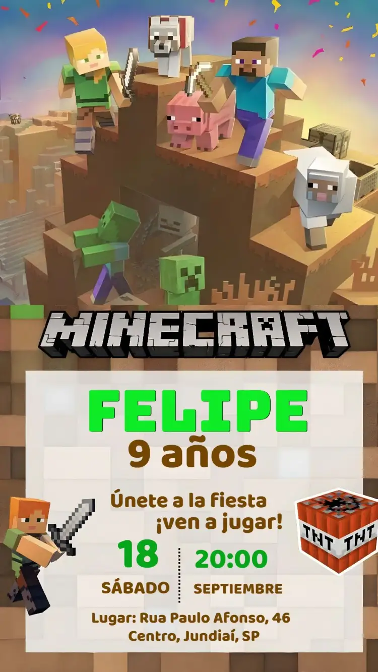 Invitación Minecraft Creeper – tema Más buscados temática de juego, colores vibrantes, diseño divertido, elementos gráficos de Minecraft, estilo cartoon