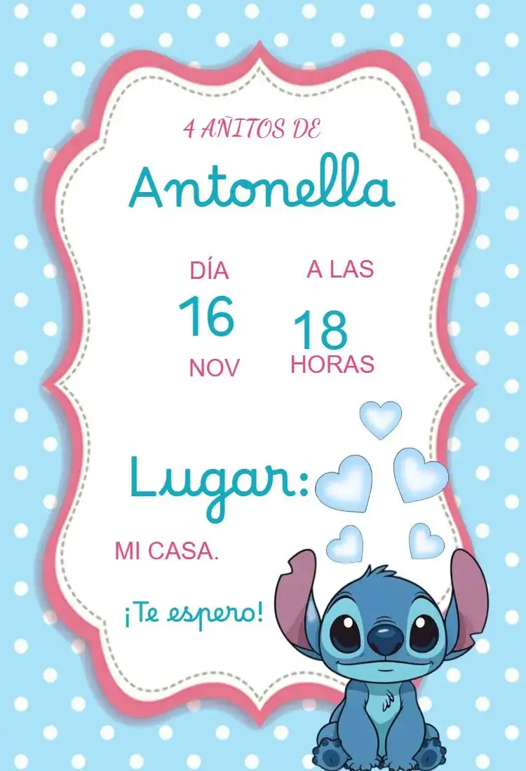 Invitación Invitación cumpleaños infantil Stitch niña – tema Cumpleaños Infantil colorido, divertido, temático, infantil, lúdico