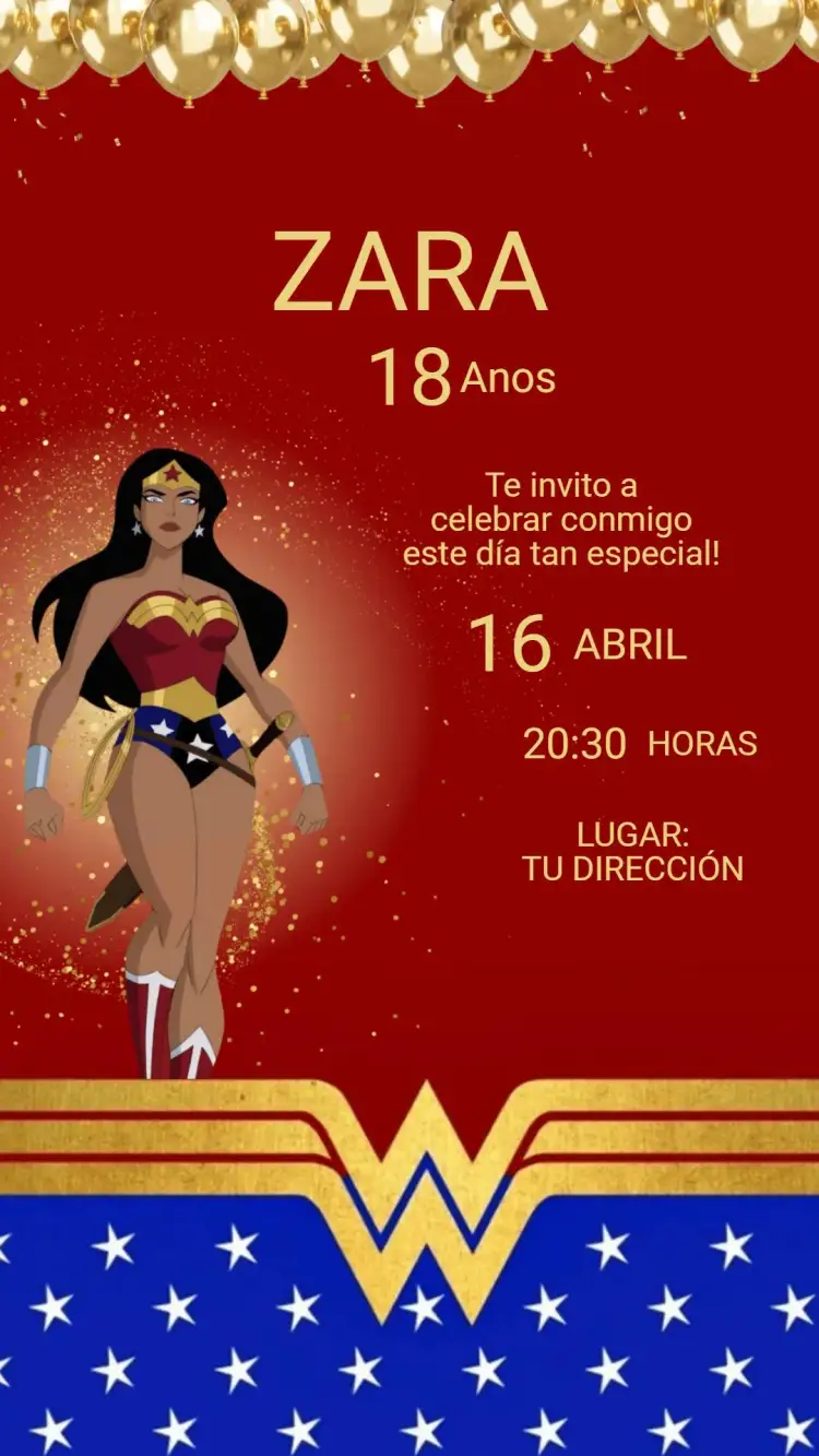 Invitación Invitación Cumpleaños Mujer Maravilla Adulto – tema Cumpleaños colorido, superhéroes, moderno, vibrante, dorado